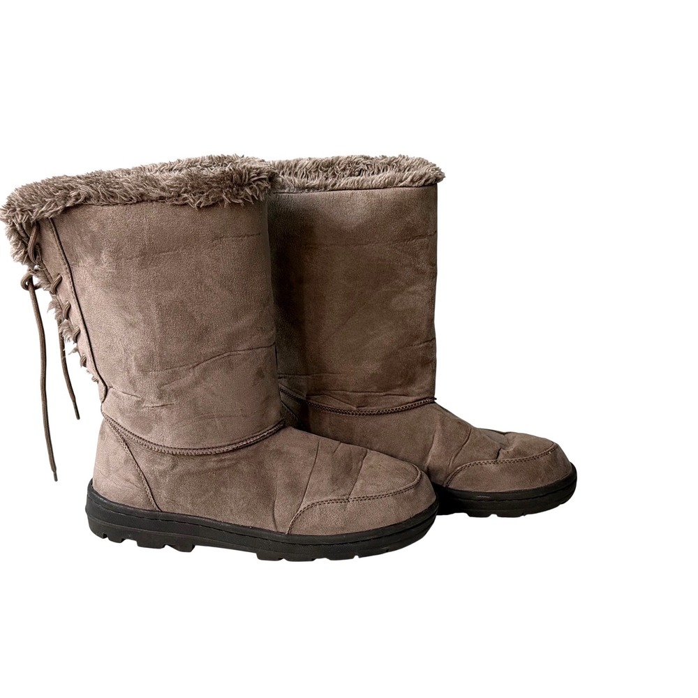 Seven Dials Women Taupe Faux Suede Faux Fur Trim Back Lace Up Winter Boots 8.5